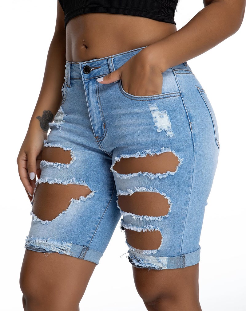 roswear Women's Ripped Denim Destroyed Stretchy Bermuda Shorts Jeans Washed Blue XX-Large - Image 2
